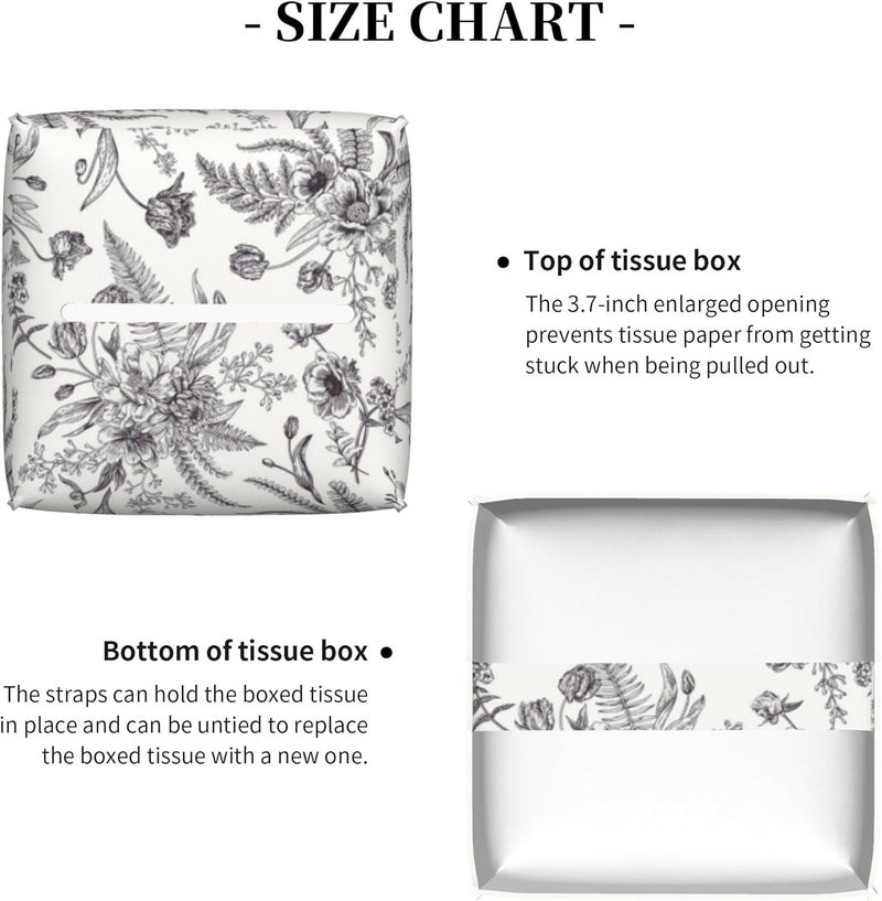 sndheke Black and White Flowers Tissue Box Cover Square,Vintage Floral Plant Leaves Tissue Box Holder Waterproof Leather Facial Paper Organizer Dispenser for Bathroom Home Car Nightstand Vanity Desk - Image 5